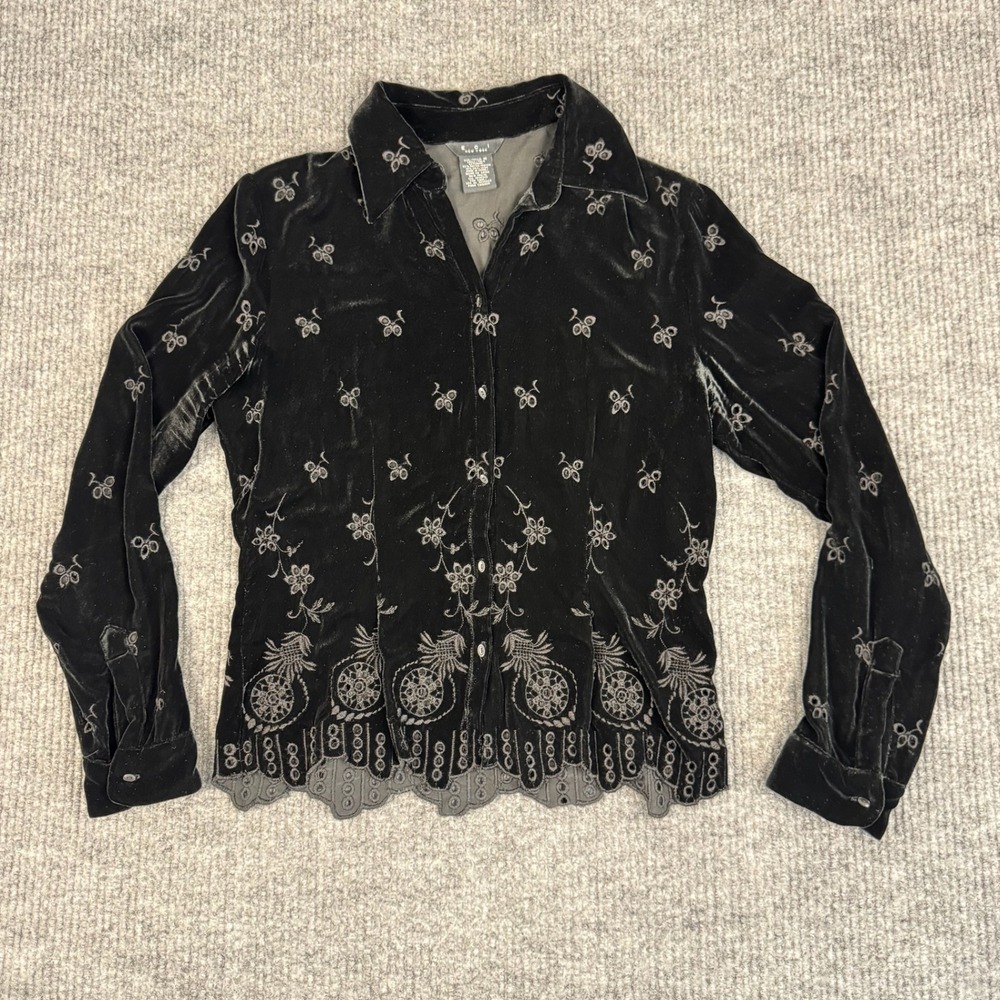 ECI New York Shirt Womens M Silk Rayon Velvet Embroidered Whimsigoth Witchy Y2K